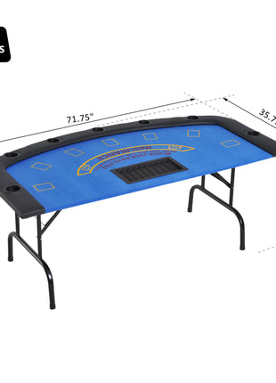 Poker Table Foldable, 72" Blackjack Table for 7 Players with Chip & Cup Holder, Blue Felt