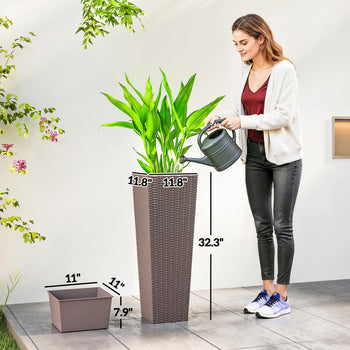 32 Inch Tall Planters for Outdoor Plants, Set of 2 Plastic Flower Pots with Drainage Holes, Brown