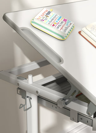 Height Adjustable Kids Desk and Chairs Set with Tilt Desktop, Storage Drawer, Pen Slot, Hook, Gray