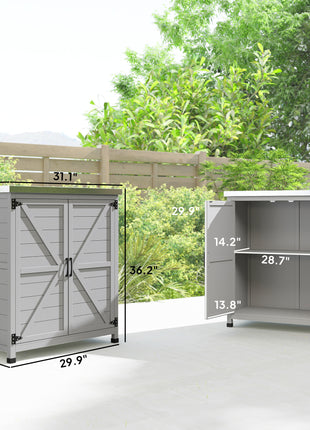Wooden Storage Cabinet, Outdoor Prep Table with Metal Tabletop, Shelves and Double Doors for Patio, Garden, Gray