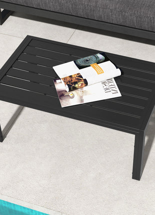 Outdoor Coffee Table, Rectangular Patio Side Table with Steel Frame and Slat Tabletop for Garden, Balcony, Black