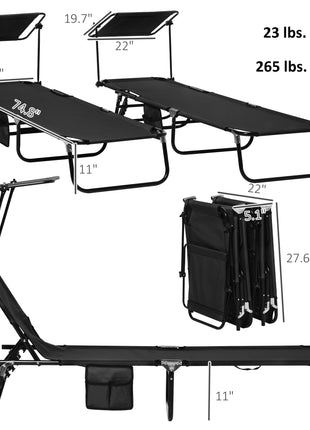 Chaise Pool Lounge Chairs Set of 2, Outdoor Sun Tanning Chairs, Reclining Back, Steel Frame and Side Pocket, Black