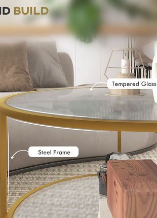 Side Table with Storage, 26" Round End Table, 2-Tier Tempered Glass Coffee Table with Steel Frame for Living Room, Gold