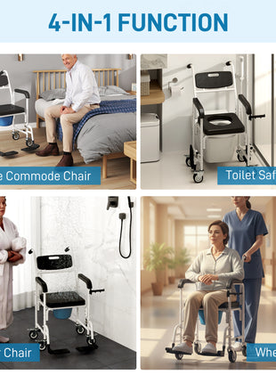 Rolling Shower Wheelchair for Seniors, Bedside Commode Chair with Locking Wheels, Seat, Backrest, Arms, Black