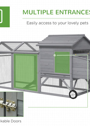 96.5" Chicken Coop Wooden Hen House Poultry Cage Pen Portable with Wheels and Nesting Box, Chicken Cage for Backyard Outdoor, Gray