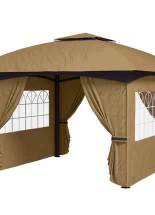 11' x 11' Outdoor Gazebo, Double Roof Patio Gazebo with Curtains, Church Windows, Galvanized Steel Frame, Beige