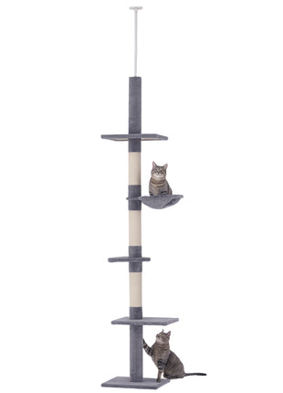 102" Adjustable Height Floor to Ceiling Cat Tree, 5 Level Cat Tower with Scratching Posts, Hammock, Gray