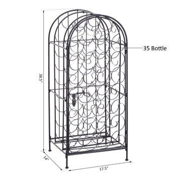 35 Bottle Wrought Iron  Rack Cabinet with Lock,  Black