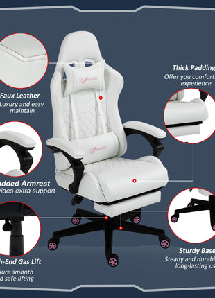 High Back PU Leather Gaming Chair, Racing Computer Chair with Swivel Wheels, Retractable Footrest, Headrest, Lumbar Support, and Armrest, White and Pink