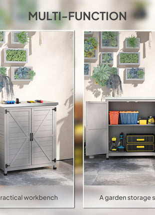 Wooden Storage Cabinet, Outdoor Prep Table with Metal Tabletop, Shelves and Double Doors for Patio, Garden, Gray