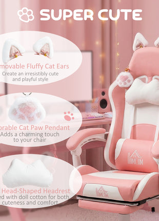 Cute Racing Gamer Chair, Faux Leather Gaming Chair with Footrest, Headrest and Lumbar Support, Pink