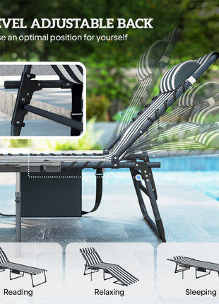 Folding Outdoor Chaise Lounge Chair Tanning Chair with 5-Level Adjustable Back, Side Table, Pillow, Pocket, Blue White