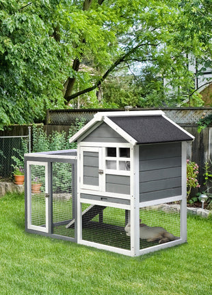 Indoor Rabbit Enclosure, 48" Weatherproof Wooden Rabbit Hutch, with Slanted Asphalt Roof & Fun Outdoor Run for Bunnies & Ferrets - Gray
