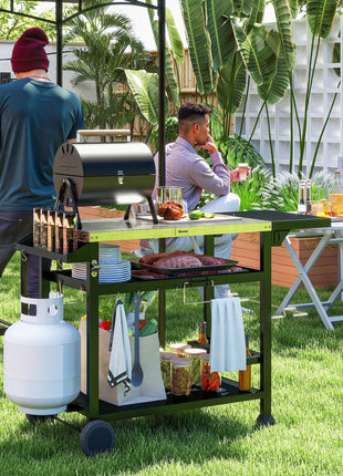 3-Shelf Outdoor Grill Cart Table with Foldable Side Table, Stainless Steel Pizza Oven Stand on Wheels, Black