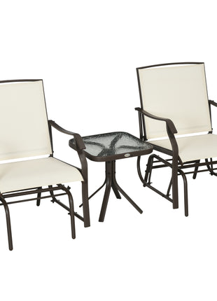 3 Piece Outdoor Glider Chair with Coffee Table Bistro Set, 2 Patio Rocking Swing Chairs with Breathable Sling Fabric, Glass Tabletop, for Backyard, Garden and Porch, Cream White