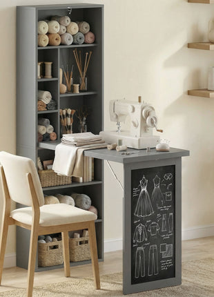 Fold-out Convertible Office Desk, Wall Mount Computer Desk with Blackboard and Side Shelf, Charcoal Gray