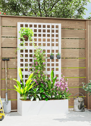 Galvanized Raised Garden Bed Planter Box with Trellis for Climbing Plants, Vegetable, Vines, 35" x 16" x 70", White