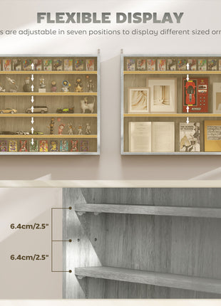 5-Tier Display Cabinet, Wall-Mounted Display Case with 2 Glass Doors and Adjustable Shelves, Gray