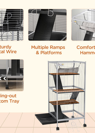 45" H Rolling Small Animal Cage with Hammock, Ferret Cage, Chinchilla Cage, Pet Habitat with 6 Doors, Removable Tray