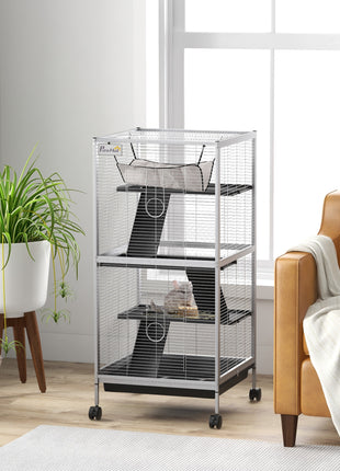 45" H Rolling Small Animal Cage with Hammock, Ferret Cage, Chinchilla Cage, Pet Habitat with 6 Doors, Removable Tray