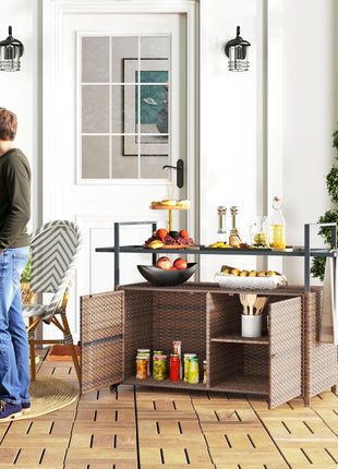 2-Tier Shelf PE Rattan Outdoor Bar Table, Glass Top Outdoor Serving Cart with Cabinet, Mixed Brown