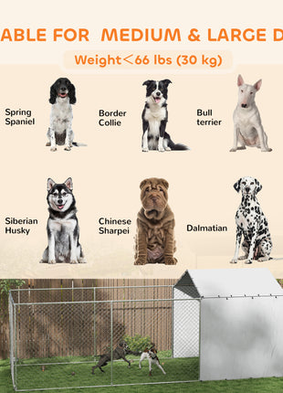 Galvanized Chain Link Large Outdoor Dog Kennel with Waterproof & UV-Resistant Cover, for M&L Dogs, 19.7' x 7.5' x 7.5'