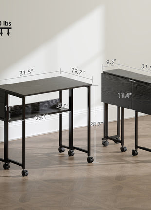 Folding Computer Desk, Foldable Desk with Storage Bag, Shelf and Wheels for Small Spaces, Home Office, Black