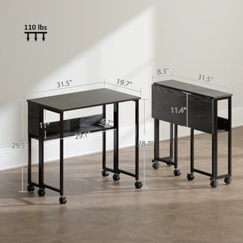 Folding Computer Desk, Foldable Desk with Storage Bag, Shelf and Wheels for Small Spaces, Home Office, Black
