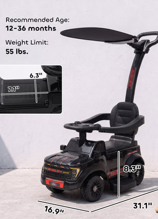 3-in-1 Push Car for 1-3, Licensed FORD Shelby Sliding Walking Car with Parent Handle, Canopy, Guardrail, Storage, Black