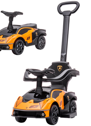 2-in-1 Ride On Push Car for Toddlers 1-3, Licensed Lamborghini Stroller Sliding Car, Push-Along with Under Seat Storage Horn Engine Sound and Steering Wheel, Manual, Orange
