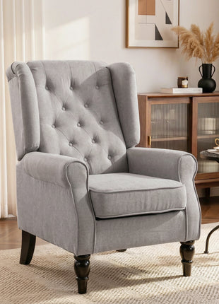 Mid-Century Modern Accent Chair, High Wingback Reading Chair, Button-Tufted Upholstered Fabric Armchair with Retro Wood Legs for Apartment, Living Room, Bedroom, Gray