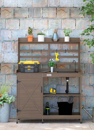 Wooden Potting Bench with Storage, Sink, Water Tap for Backyard, Patio, Balcony, Dark Brown