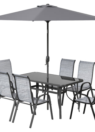 8 Pieces Patio Furniture Set with 9Ft Patio Umbrella, Outdoor Dining Table and Chairs, Mixed Gray