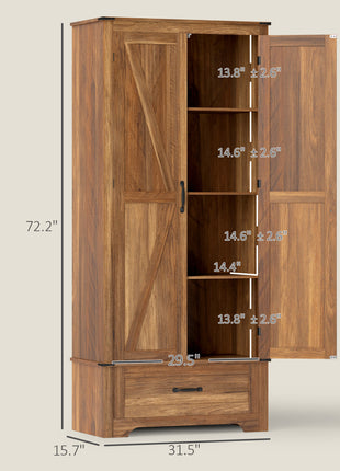 72" Farmhouse Pantry Cabinet with Adjustable Shelves, Kitchen Pantry Cabinet with 2 Doors, Brown