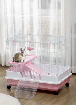 2-Level Small Animal Cage Rabbit Hutch with Wheels, Removable Tray, Platform and Ramp for Bunny, Chinchillas, Ferret, Pink