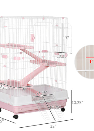 32"L 4-Level Small Animal Cage Rabbit Hutch with Wheels, Slide-out Tray for Bunny, Chinchillas, Ferret, Pink