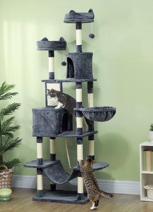 81" Cat Tree w/ Cat Scratching Posts, Scratching Board, Condos, Beds, Hammocks, Toy Balls, Rope Cat Toy, Gray