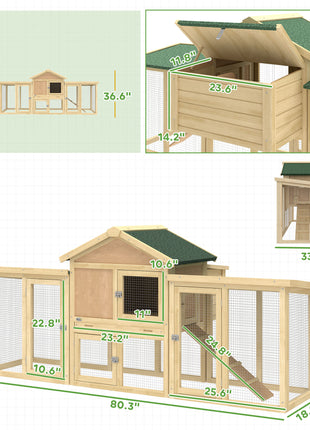 Wooden Chicken Coop ith Nesting Box, Double Runs, Removable Tray, Ramp, for Garden Backyard