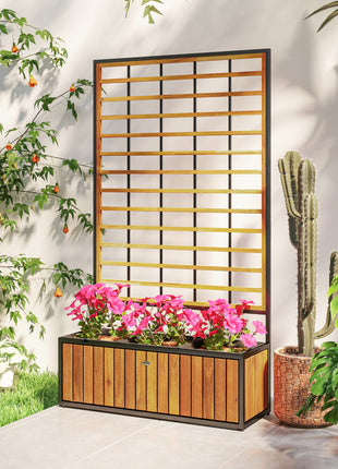 Wooden Raised Garden Bed with Trellis, Removable Pots for Backyard, Patio, Balcony, 29" x 11" x 52", Teak