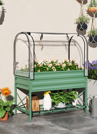 Raised Garden Bed with Legs and Cover, Metal Elevated Planter Box with Bottom Shelf and Liner for Vegetables, Green