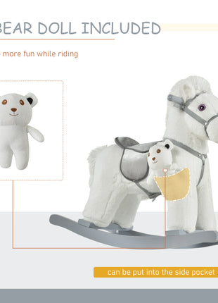 Kids Rocking Horse with Bear Toy, Plush Animal Rocker with Fun Realistic Sounds for Toddler 18-36 Months, White