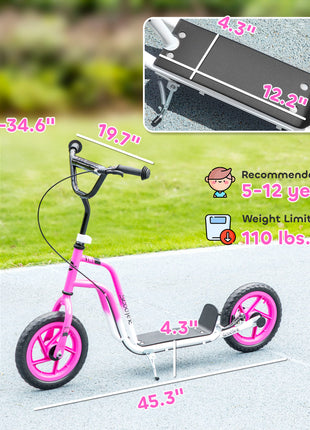 Kids Scooter, Lightweight Scooter with Adjustable Handlebar, Rear Brake, Kickstand, 12" EVA Wheels, for 5-12 Y, Pink