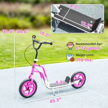 Kids Scooter, Lightweight Scooter with Adjustable Handlebar, Rear Brake, Kickstand, 12" EVA Wheels, for 5-12 Y, Pink