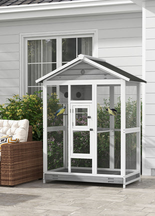 64.5" Wooden Bird Cage Aviary, Flight Cage with 4 Perches, Nest and Slide-Out Tray for Indoor/Outdoor, Gray