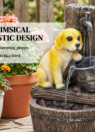 22" Outdoor Fountain with 3-Tier Puppy Theme, Resin Garden Fountain with LED Lights, Adjustable Flow, Rustic Brown