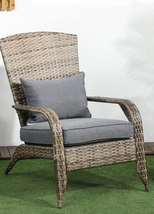 Patio Wicker Adirondack Chair, Outdoor All-Weather Rattan Fire Pit Chair w/ Soft Cushions, Tall Curved Backrest and Comfortable Armrests for Deck or Garden, Mixed Tan/Dark Gray