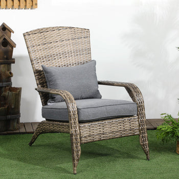 Patio Wicker Adirondack Chair, Outdoor All-Weather Rattan Fire Pit Chair w/ Soft Cushions, Tall Curved Backrest and Comfortable Armrests for Deck or Garden, Mixed Tan/Dark Gray