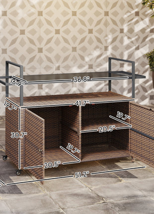 2-Tier Shelf PE Rattan Outdoor Bar Table, Glass Top Outdoor Serving Cart with Cabinet, Mixed Brown