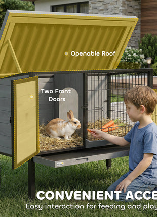 Elevated Rabbit Hutch Outdoor, Wooden Rabbit Cage Bunny House with Pull-out Tray and Openable Plastic Roof