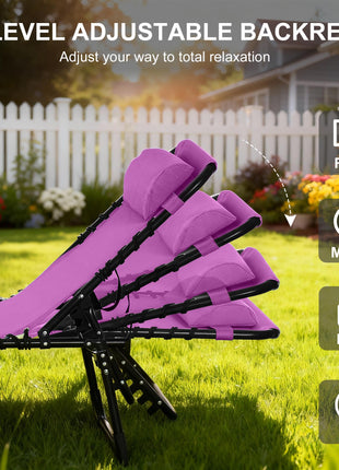 Folding Chaise Lounge Pool Chair with 4-Position Reclining Back, Pillow, Breathable Mesh & Bungee Seat, Purple